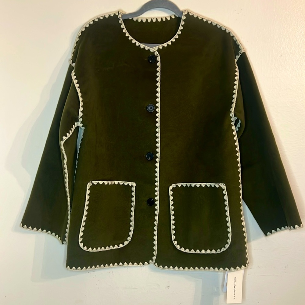 NWT Commense Olive Fleece Ivory Embroidered Jacket Chore Coat Whipstitch Western